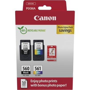 Canon PG-560 + CL-561 Cartucho de Tinta Negro + MultiColor Original + 50 Hojas Papel Fotográfico 4x6 (PIXMA) Impresoras PIXMA TS5350, TS5350a, TS5350i, TS5351, TS5351a, TS5351i, TS5352, TS5352a,