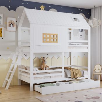 Literas 2 X 90 X 200 Cm Con 2 Cajones Y Techo - Pino + Mdf + Contrachapado - Blanco + Natural (colchones No Incluidos)