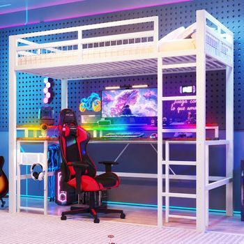 Cama Alta De 90 X 200 Cm Con Escritorio Integrado, Estructura Metálica Y Led Multicolor