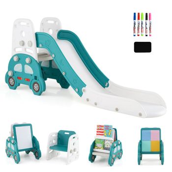 Costway Juego de Tobogán Convertible 5 en 1 para Niños Pequeños Caballete de Arte Infantil con Taburete Estantería Pizarra Magnética Verde