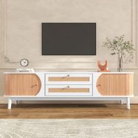 mueble de tv efecto madera blanca con puertas y cajones de ratan