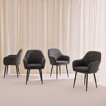 Sillón de terciopelo de canalé y patas de metal negro, set de 4, gris