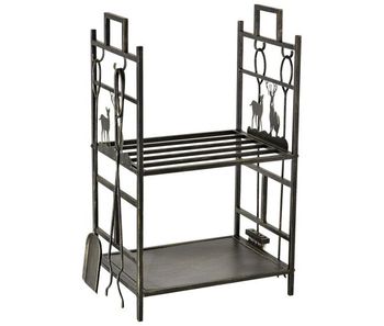 Outsunny soporte para leña de metal de 2 niveles estante para leña con 4 herramientas y asas para chimenea para interior y exterior 51,5x33x77 cm negro dorado