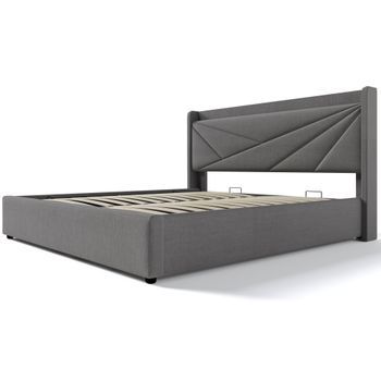 Cama De 2 Plazas Con Cajón De Almacenamiento, Cabecera Acolchada Con Puertos Usb Y Usb-c, Estructura De Metal Y Madera, Latón Elástico, Medidas 160x200 Cm, Sin Colchón, Capacidad De Carga 300 Kg