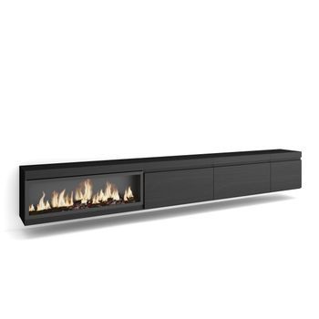 Mueble Tv, Televisión, Muebles De Salón, Almacenaje, 317x45x35 Cm, Chimenea Eléctrica Xxl, Colgado, Suspendido, Estilo Moderno, Negro
