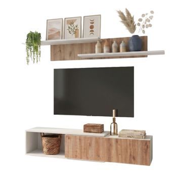 Mueble De Salón Kipi Tv Extensible 2 Estantes En Colores Blanco Y Madera Claro 65x220x32 Cm