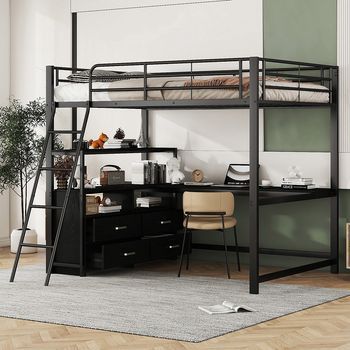Litera 140x200 Cm Con Estructura De Hierro + Cajones + Escritorio Negro