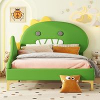 cama infantil verde de 90 x 200 cm con cabecero de dinosaurio y estructura acolchada
