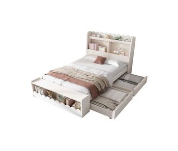Cama juvenil,cama individual de madera maciza 90x200cm con 2 cajones,estante y banco con almacenaje,blanco