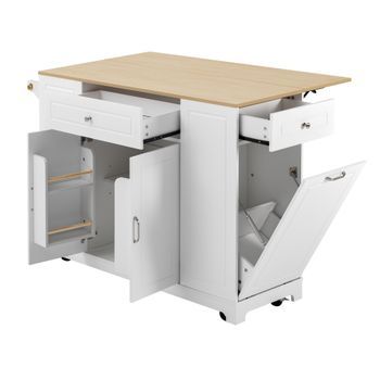Isla De Cocina Móvil Mdf，131,8×40×93,3 Cm, Ruedas Con Freno, Cajones, Compartimento Cubo Basura, Encimera Madera Natural, Estructura Blanca
