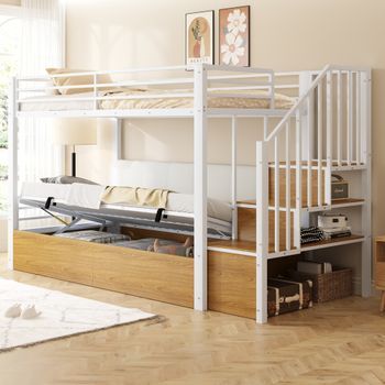 Litera 90x200 Cm Con Escalera De Almacenaje Y Arcón Hidráulico - Metal, Mdf Y Contrachapado - Blanco (colchón No Incluido)