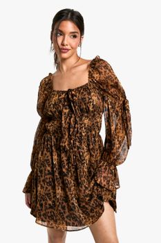 Vestido Mini Estilo Mesonera De Chifón Con Estampado De Leopardo, Multi