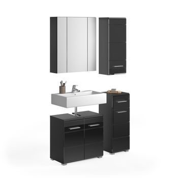 Conjunto De Muebles Para Baño: Mueble Bajo Lavabo + 2 Medias Columnas + Mueble De Almacenamiento Con Espejos - Negro Lacado - Kl