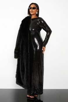 Vestido Plus Maxi De Lentejuelas Con Atadura En La Espalda, Negro