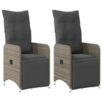 Pack 2 Uds Sillones Reclinable Jardín | Silla De Jardín Y Cojines Ratán Sintético Gris