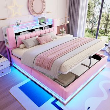 Cama Hidráulica Tapizada Con Led Y Usb, 180x200 Cm, Color Rosa.