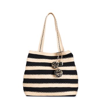 bolso shopping de rafia y lona, ??con charm de pompón black