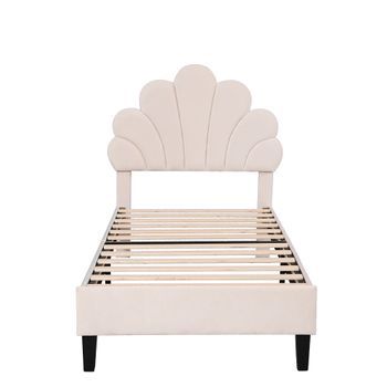 Cama Individual Tapizada En Terciopelo 90x200cm Cabecero En Forma De Flor Con Somier Beige