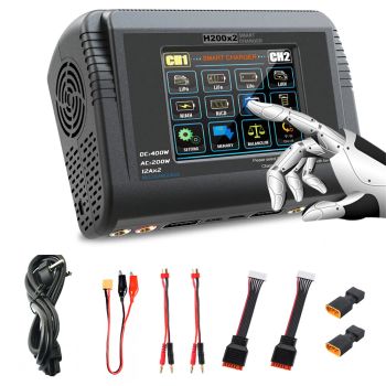 Cargador inteligente dual HTRC H200x2, AC 200W, DC 400W, pantalla táctil a color de 3,2 pulgadas, equilibrado, carga ráp
