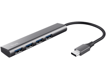 Hub - Trust 24948 Halyx 4, USB-C, 4 puertos, 5 Gbit/s, Gris