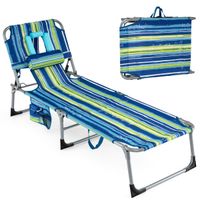 costway tumbona plegable exterior reclinable agujeros cara brazos respaldo ajustable bolsillos portatil playa piscina 150kg rayas azules