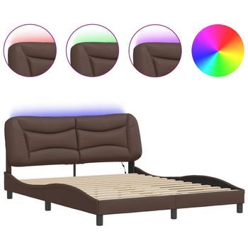 Cama Matrimonial | Cama Para Adultos | Estructura De Cama Con Luces Led Cuero Pe Marrón 160x200 Cm