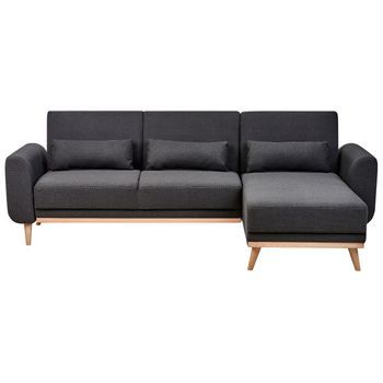 Sofá Cama Esquinero Moderno Tapizado De Poliéster Patas De Madera Clara Cojines Adicionales Izquierdo Negro Ollsta