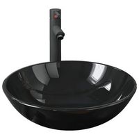 lavabo de bano grifo y desague de empuje vidrio templado negro
