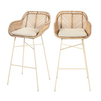 Lote de 2 taburetes de bar de ratán con patas beige de 76cm - beige