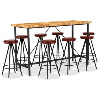 Set Muebles De Bar 9 Pzas Madera Maciza Acacia Cuero Auténtico Vidaxl