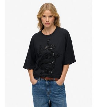 Superdry para mujer. W1011764A Camiseta Tattoo negro (S), Casual, Algodón, Manga 3/4
