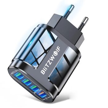 BlitzWolf® BK-385 48W 4 Puertos USB QC 3.0 Cargador Rápido de Pared Adaptador de Enchufe EU Para iPhone 14 14 Plus 14 Pr