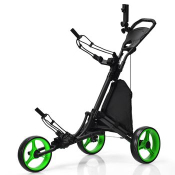 Costway Carro de Golf de Empuje con 3 Ruedas Carrito de Golf Plegable Mando Altura Regulable con Portavaso Marcador Verde