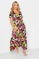yours vestido largo negro de hojas de palmera rosas mujer curvy y tallas grandes yours