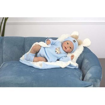 Muñeca Reborn Héctor, Sin Pelo, Pelele Azul De Lana Y Mantita Azul Y Blanca 46cm (muñecas Guca - 10212)