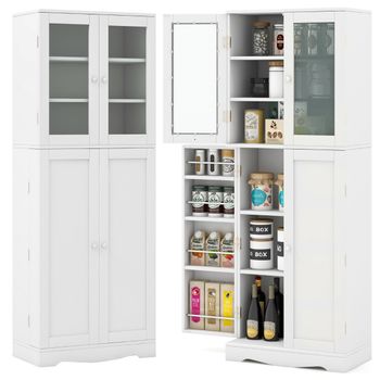 Costway Armario de Almacenamiento para Despensa de Cocina con Puertas de Cristal Estantes Adicionales para Puertas Independiente para Comedor