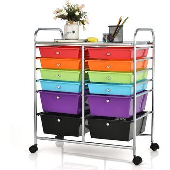 Carro De Servicio Con Ruedas Y 12 Cajones Apilables Carrito Auxiliar Marco Costway 63 X 37 X 74 Cmcolorido
