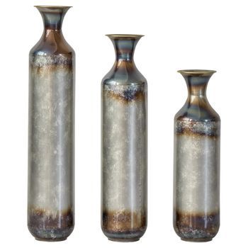 Set De 3 Jarrones - Decoración Para Salón - Metal - Dorado Y Blanco (14.5x14.5x72cm)