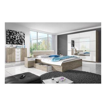 Conjunto Cama 160x200 Y Mesitas De Noche Colección Eos. Color Roble Claro Y Blanco.