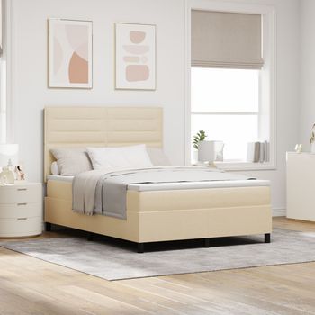 Cama Box Spring Con Colchón Crema 160x200 Cm Tela De V3747 Unico / Beige