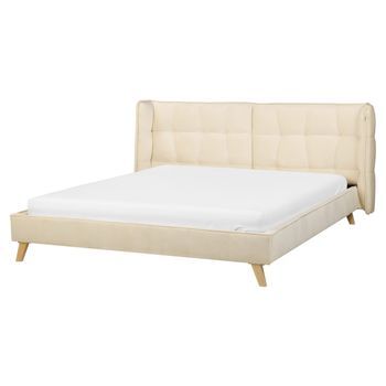 Cama Tapizada En Terciopelo Beige Con Patas De Madera Clara 160 X 200 Cm Somier Con Listones Cabecero Con Alas Ajustables Senlis