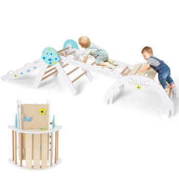 Costway Conjunto Triángulo Juguetes Plegables para Escalar Bebés 8 en 1 Set Montessori de Escalada de Madera con Tema de Astronauta Blanco