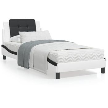 Cama Individual | Cama Para Adultos | Estructura Cama Con Led Cuero Sintético Blanco Negro 80x200 Cm Cfw56861