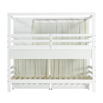 Litera De Madera - 90x200 Cm - Con 2 Cajones Y Estantes - Blanco Y Rosa (con Cortinas)
