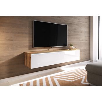 Mueble De Tv Lowboard D 140 Cm, Mueble De Televisión, Mueble De Salón, Con Iluminación Led, Color Wotan/blanco Brillo