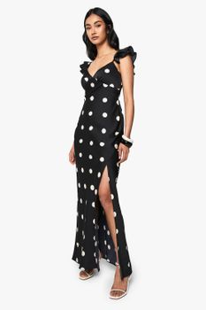 Vestido Maxi De Raso Con Estampado De Lunares, Abertura Y Volante En Las Mangas, Negro