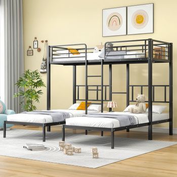 Literas Triples 3 X 90 X 200 Cm Con Escalera Y Mesita De Noche Para Niños - Metal - Negro (sin Colchón)