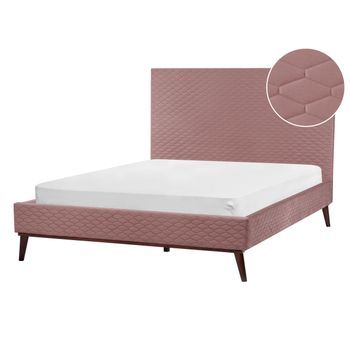 Cama Con Somier Cabecero Panal Acolchado Diseño Moderno Tapizado De Terciopelo Rosa 140 X 200 Cm Bayonne