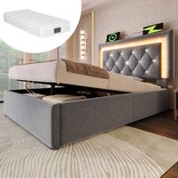 cama con almacenaje de 90 x 200 cm con cabecero - tapizado en terciopelo - luces led - puertos usb y tipo c - gris colchon incluido