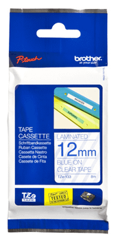 TZE-133 LAMINATED TAPE 12MM 8M BLUE ON CLE AR